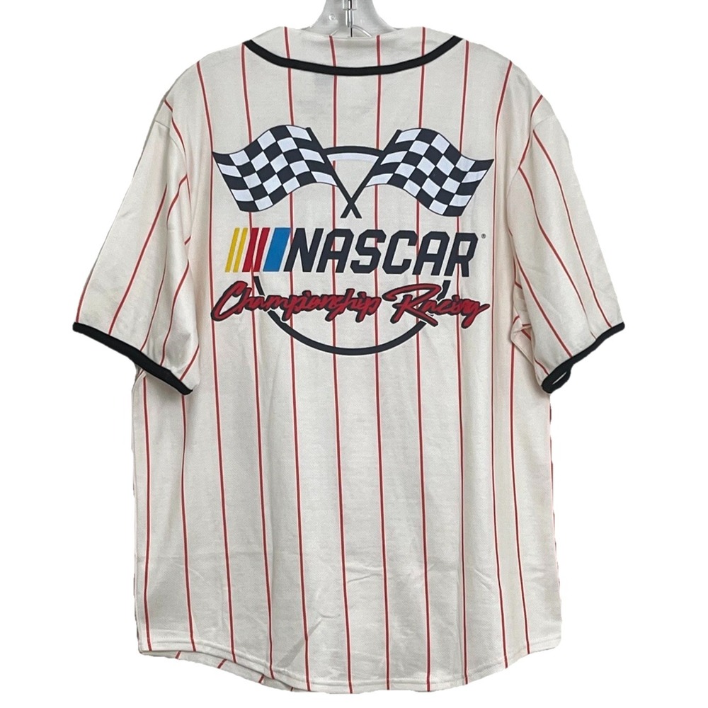 NWT Men's NASCAR Cup Series Baseball Jersey Medium White Red Pinstripe Button Up - Picture 2 of 13